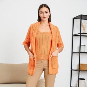 Women L Peach Cardigan Tank Sweater Twinset Pockets Granny Cottagecore Lagun Y2K